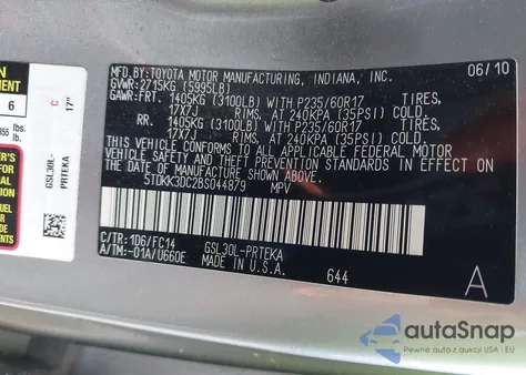 2011 Toyota Sienna Le V6 z USA, uszkodzony, nr VIN 5TDKK3DC2BS044879